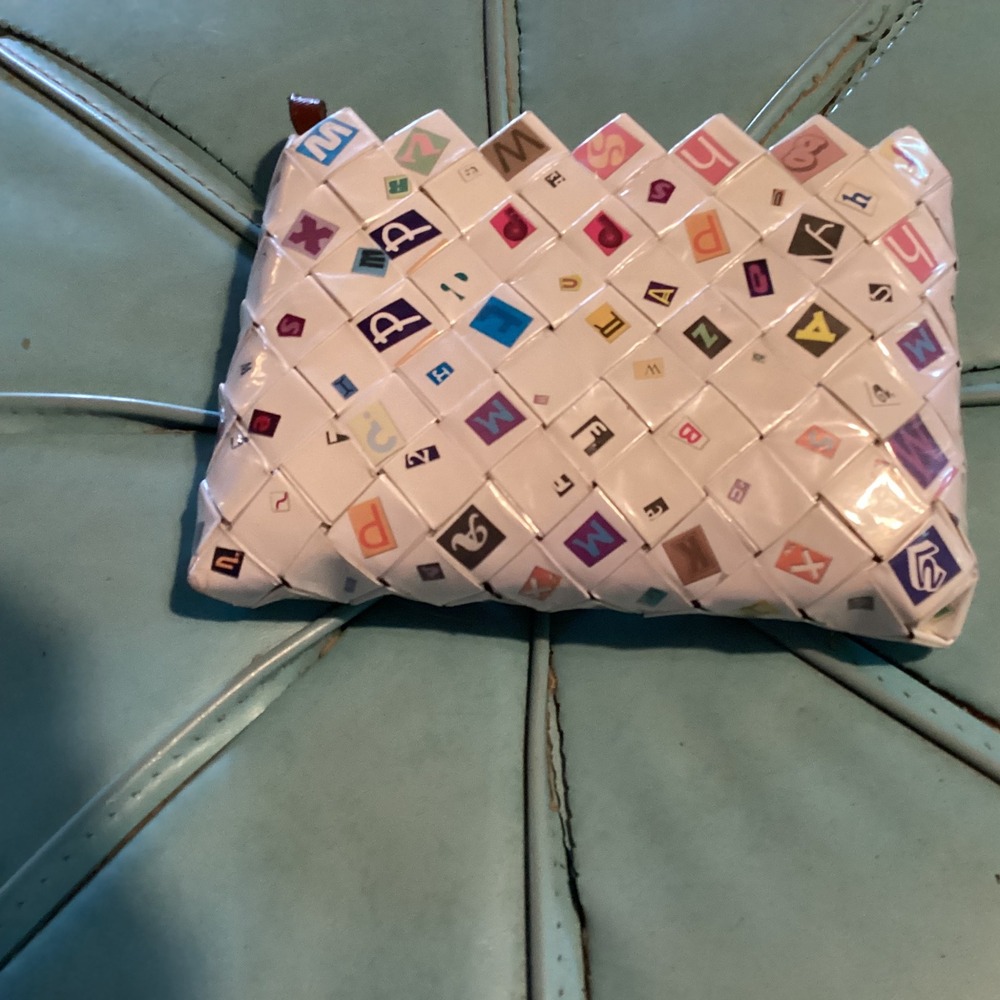 Nahui Ollin Woven Clutch Bag Upcycled Alphabet Tiles Unique Handmade